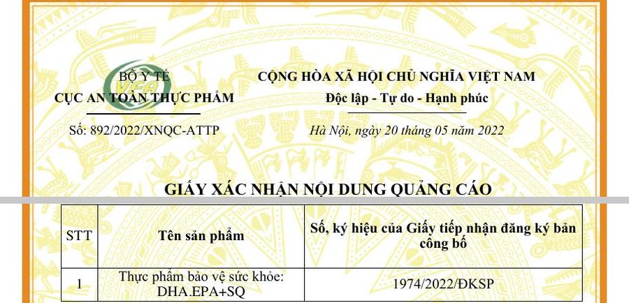 Giấy xác nhận nội dung quảng cáo DHA·EPA+SQ