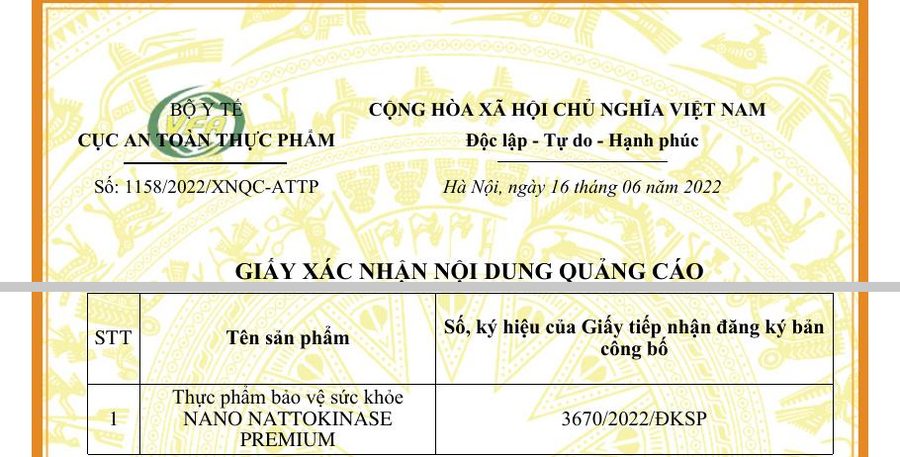 Giấy xác nhận nội dung quảng cáo Nano Nattokinase Premium