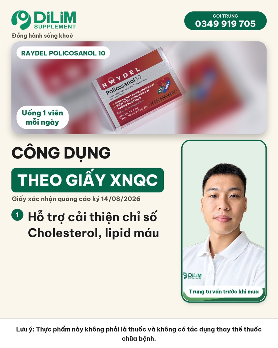 Công dụng Raydel Policosanol 10 theo giấy XNQC