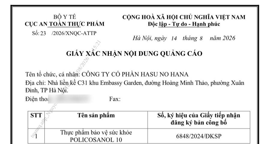 Giấy xác nhận nội dung quảng cáo Raydel Policosanol 10