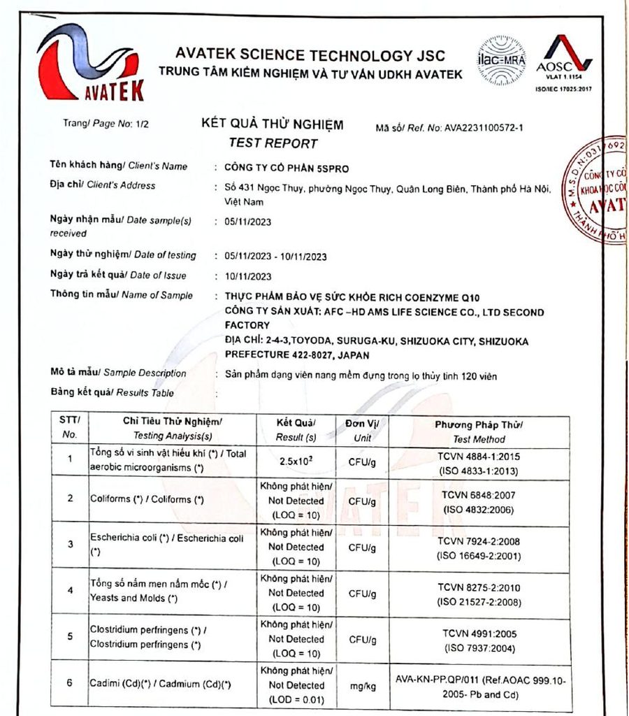 Phiếu kiểm nghiệm AVATEK 2023