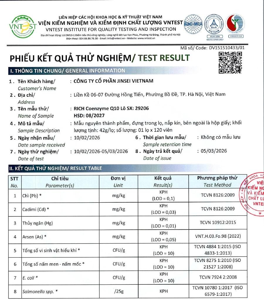 Phiếu kiểm nghiệm VNTEST 2026
