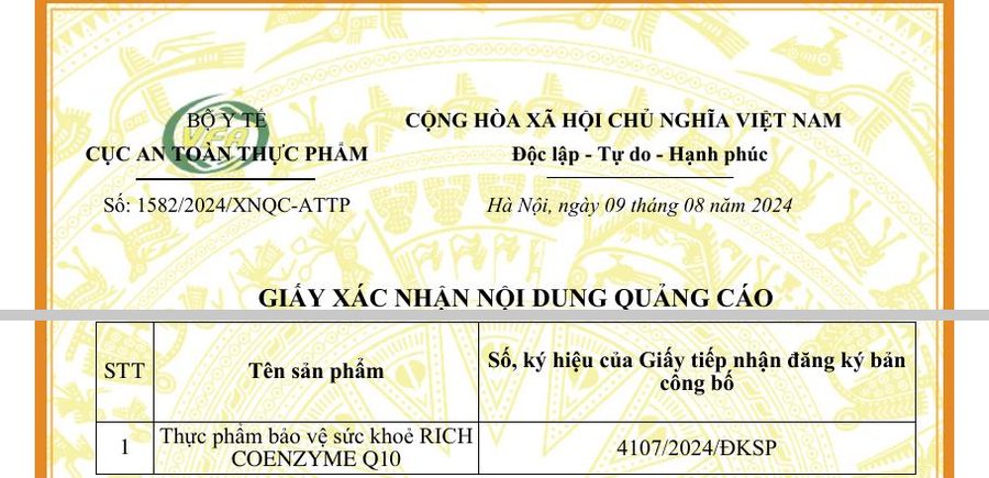 Giấy xác nhận nội dung quảng cáo Rich Coenzyme Q10