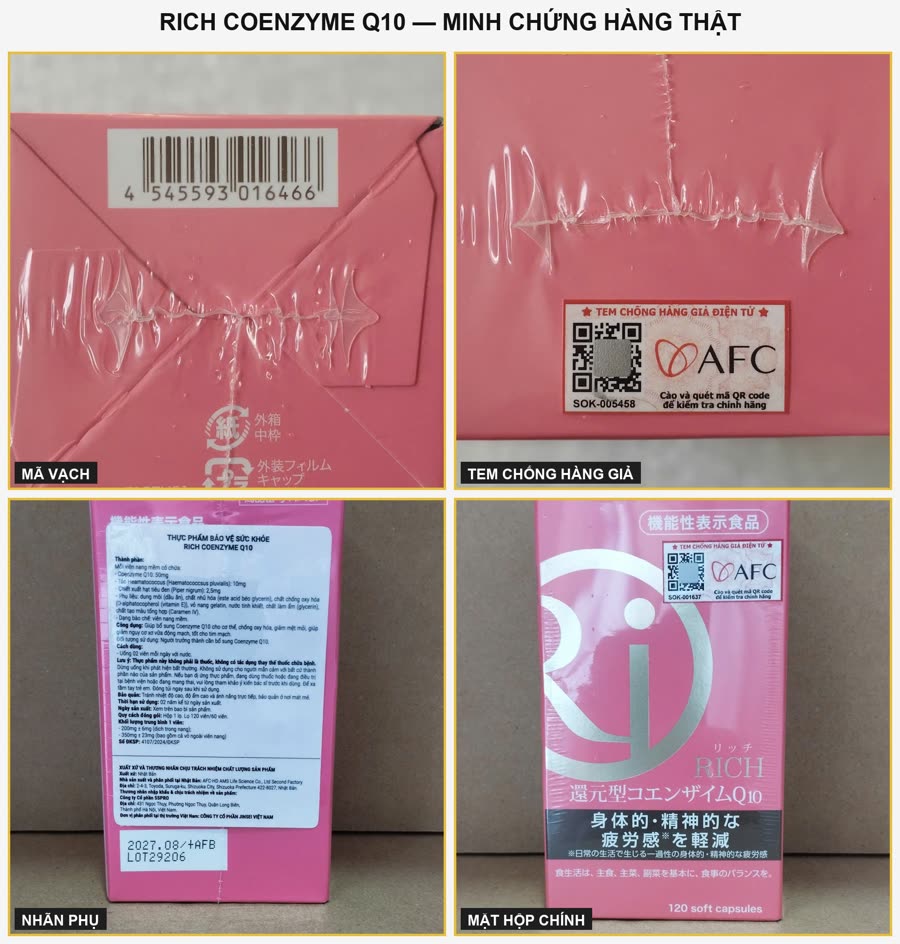 Mã vạch, tem chống hàng giả, nhãn phụ, mặt hộp Rich Coenzyme Q10