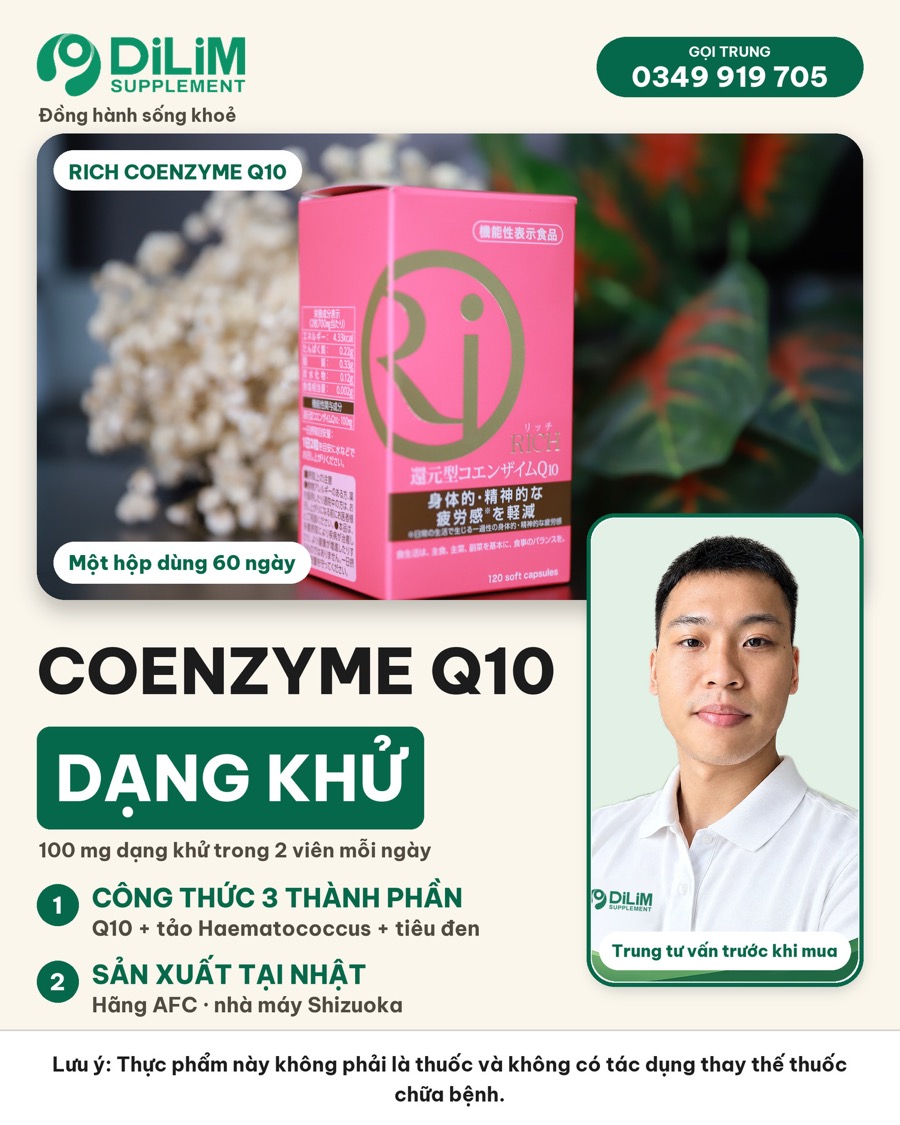 Rich Coenzyme Q10 dạng khử, 100 mg trong 2 viên mỗi ngày